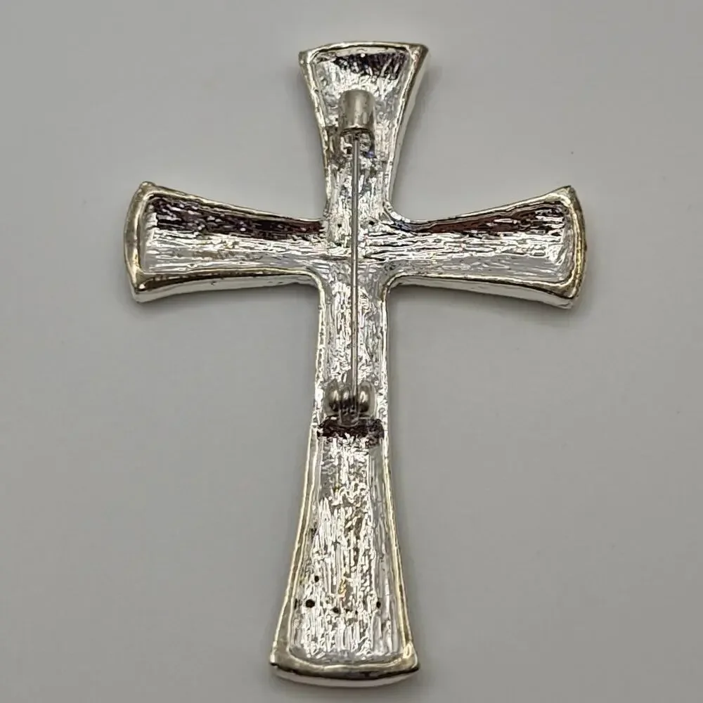 Rhinestone Cross Brooch Clear Stones on Silver Tone Metal